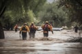 flash flood rescue, with firefighters and paramedics rescuing person from raging waters