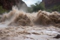 flash flood roars down a canyon, carrying debris and forming powerful current