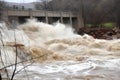 flash flood roars past bridge, with water levels rising and threatening to topple the structure