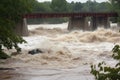 flash flood roars past bridge, with water levels rising and threatening to topple the structure