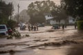 a flash flood rushes through a residential neighborhood, with residents fleeing the water and chaos