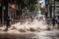 flash flood rushing through city street, with people running for their lives