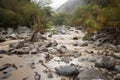 flash flood rushing down a rocky river bed, with debris and plants floating past Royalty Free Stock Photo