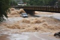flash flood rushing past bridge, with vehicles and people at risk of being swept away