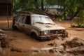 flash flood waters rushing past abandoned car, with only the roof visible Royalty Free Stock Photo