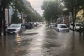 flash-flooded street, with cars half-submerged and people running for safety