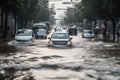 flash-flooded street, with cars half-submerged and people running for safety