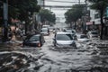 flash-flooded street, with cars half-submerged and people running for safety