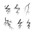 Flash Icon set. electric lightning, thunder bolt in doodle style. isolated on white background Royalty Free Stock Photo