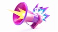 Flash lightning bolts appear on a 3D render of a bullhorn or loudspeaker. Announcement, sale notification, news Royalty Free Stock Photo