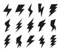 Flash lightning silhouettes, natural electrical phenomenon elements. Lightning electric strikes, thunderstorm vector flat symbols