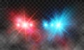 Flash red and blue light police car siren in fog. Vector illustration isolated on transparent background Royalty Free Stock Photo