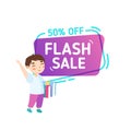 Flash Sale, School Discount Banner, Studying Supplies Clearance Promo Poster with Cute Cartoon Boy Student Holding Books