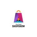 Flash sale shop show logo, symbol icon logo design for instant quick shop or show in shopping bag shape with curtains