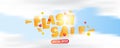 Flash Sale web banner with special offer on a blue background with clouds. Font inscription with lights elements. Flat Vector