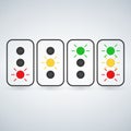 Flash traffic light set or light indicators. traffic lamps, semaphores, green, red, yellow. Vector illustration isolated on modern