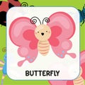 Animal flashcard. Cute insect flashcards for Children. Bugs flashcards cute character. Butterfly flashcard