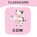 Cute cow flashcard. Cute animal farm flashcard. Colorful printable flashcard. Vector illustration