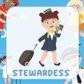 Colorful flashcard kidsÃ¢â¬â¢ profession dream. a cute stewardess holding passport and suitcase ready to flight.