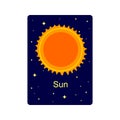 Flashcard for kids with Sun on dark starry background. Educational handout for schools and kindergartens for space