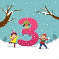 Flashcard for kindergarten and preschool learning to counting number 3 with a number of kids