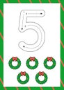 Christmas flashcard how to write number five. Worksheet for kids Royalty Free Stock Photo