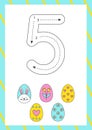 Easter flashcard how to write number five. Worksheet for kids Royalty Free Stock Photo