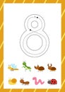 Cute flashcard how to write number 8. Worksheet for kids.