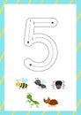 Cute flashcard how to write number 5. Worksheet for kids. Royalty Free Stock Photo