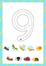 Cute flashcard how to write number 9. Worksheet for kids. Royalty Free Stock Photo