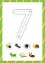 Cute flashcard how to write number 7. Worksheet for kids.