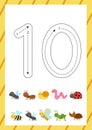 Cute flashcard how to write number 10. Worksheet for kids.