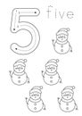 Flashcard number five. Preschool worksheet. Winter snowmen Royalty Free Stock Photo