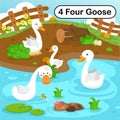 Flashcard number four with 4 goose learning for kid