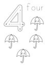 Flashcard number 4. Preschool worksheet. Black and white cute umbrellas.