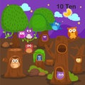 Flashcard number ten with 10 owl learning for kid