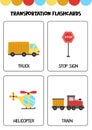 Cute cartoon transportation means with names. Flashcards for children.