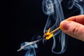Flashed and burning wooden match on a dark background close-up. Bright fire and smoke from a burning tree Royalty Free Stock Photo