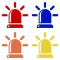 Flasher icons, alarm siren red, blue, orange and yellow. Isolated vector on white background Royalty Free Stock Photo