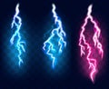 Flashes of lightning set, isolated on transparent background. Thunderstorm electric bolts collection, vector Royalty Free Stock Photo