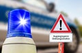 Flashing blue warning sign Corona parties regulatory office in german
