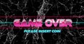 Flashing centered retro arcade screen displaying GAME OVER and PLEASE INSERT COIN, neon bars Royalty Free Stock Photo