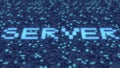Flashing hexadecimal symbols on a blue computer screen compose SERVER word. 3D rendering