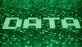Flashing hexadecimal symbols on a green computer screen compose DATA word. 3D rendering