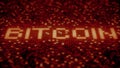 Flashing hexadecimal symbols on a red computer screen compose BITCOIN text. 3D rendering