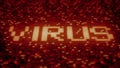 Flashing hexadecimal symbols on a red computer screen compose VIRUS word. 3D rendering