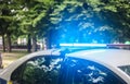 Flashing lights of the police car against city green park Royalty Free Stock Photo