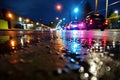 flashing police lights reflecting on wet pavement