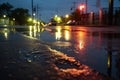 flashing police lights reflecting on wet pavement