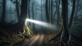 Flashlight beam sweeps along forest path where fog clings low between roots Royalty Free Stock Photo